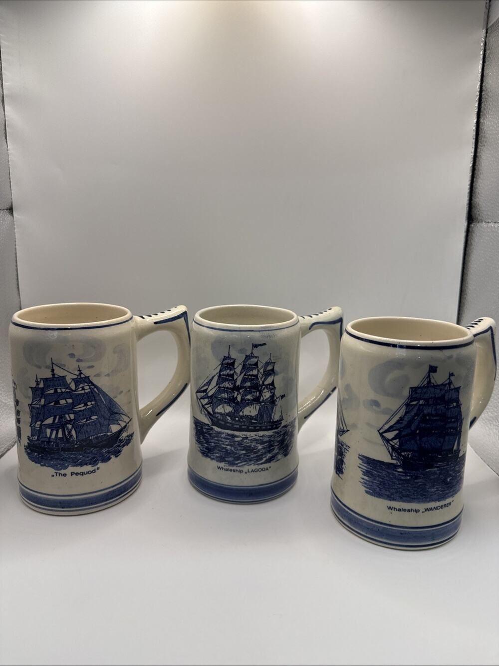Lot Of 3 Hand Painted Blue Delfts Made In Holland, 1 Pint Steins Of Whale Ships